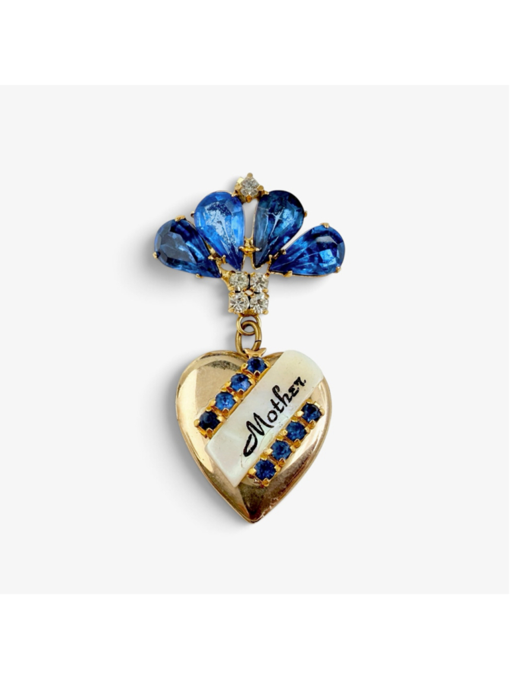 1940s Mother Brooch, Mother of Pearl Heart Locket, Blue Rhinestone Vintage